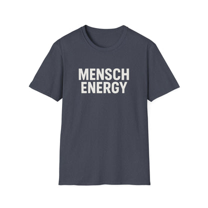 Navy blue t-shirt with 'MENSCH ENERGY' text on a white background