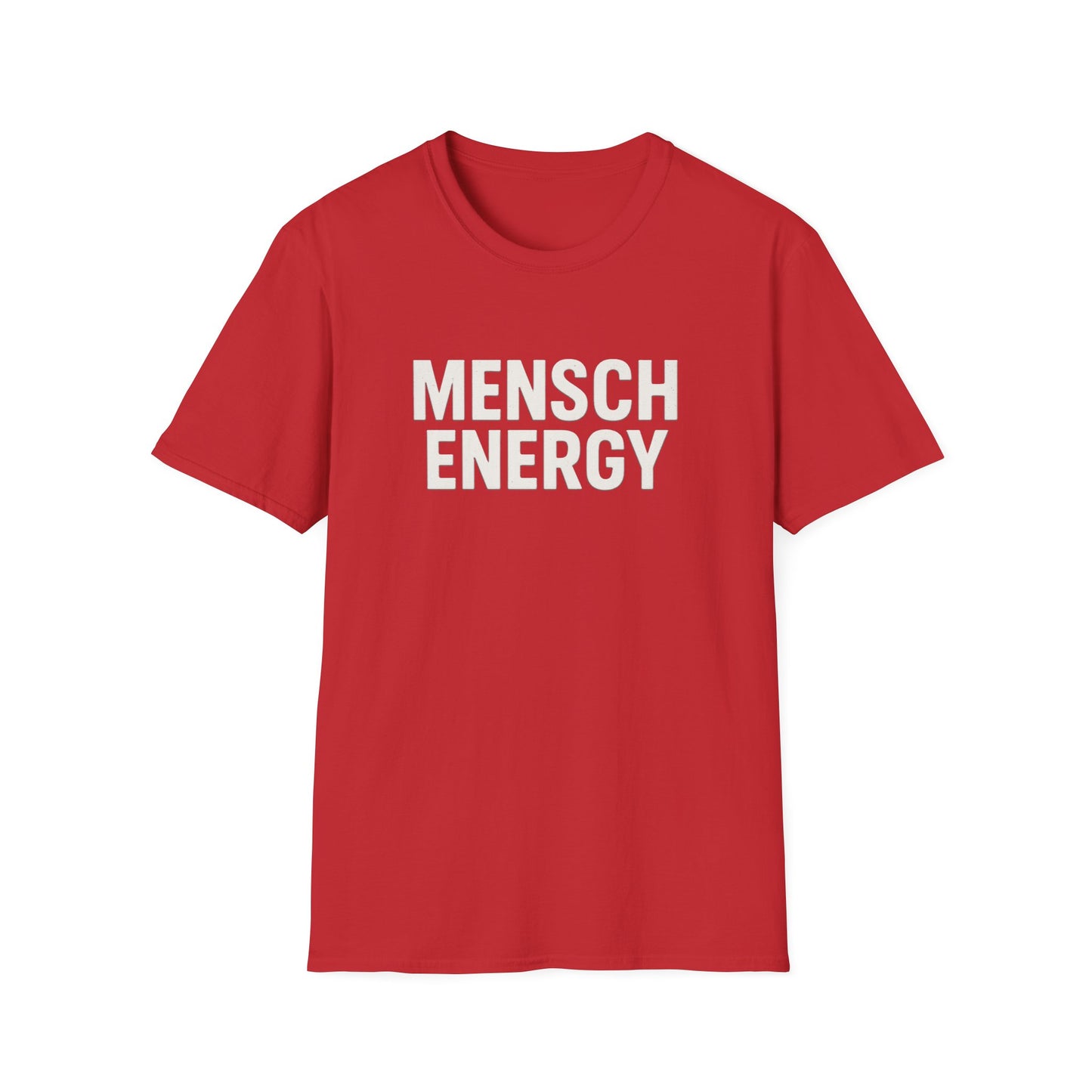 Red t-shirt with 'MENSCH ENERGY' text on a white background