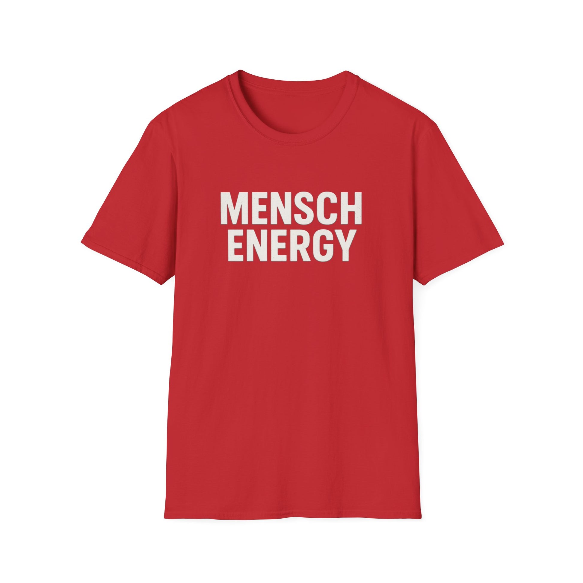 Red t-shirt with 'MENSCH ENERGY' text on a white background