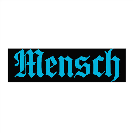 Sticker with the word 'Mensch' in blue text on a black background