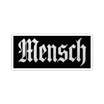 Black rectangle sticker with 'Mensch' in white text on a white background