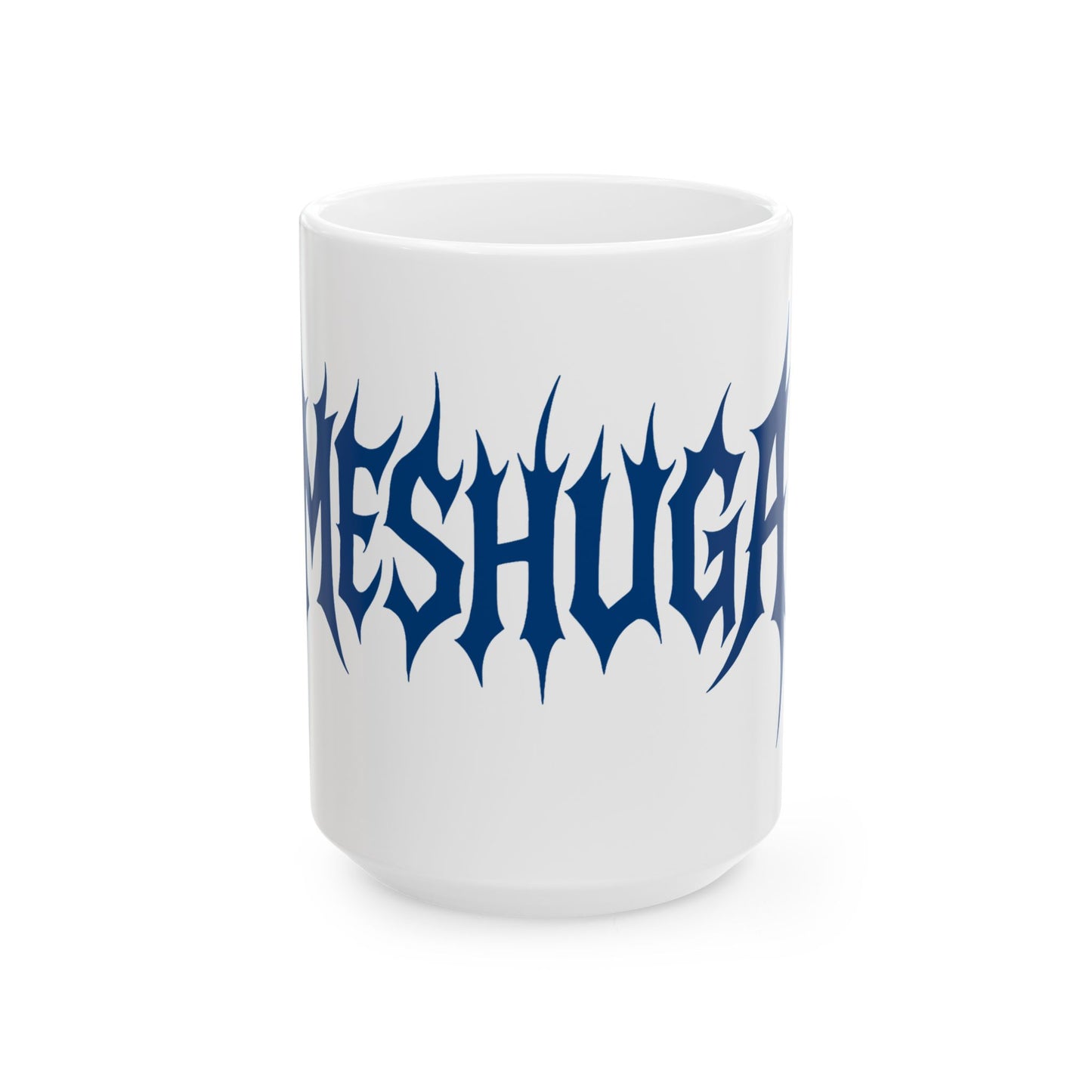 White mug with 'meshuga' in blue text on a white background