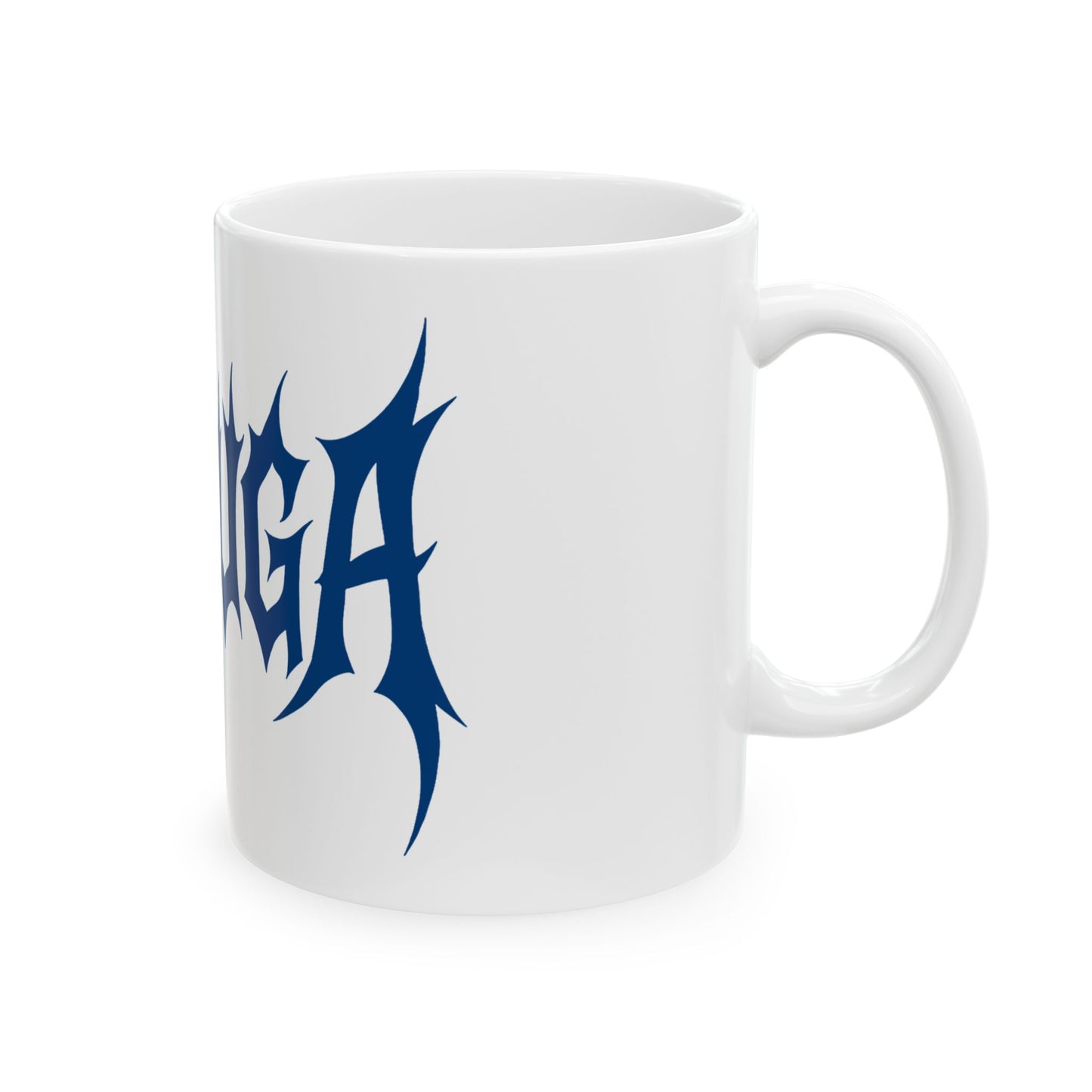 White mug with blue 'meshuga' logo on a white background