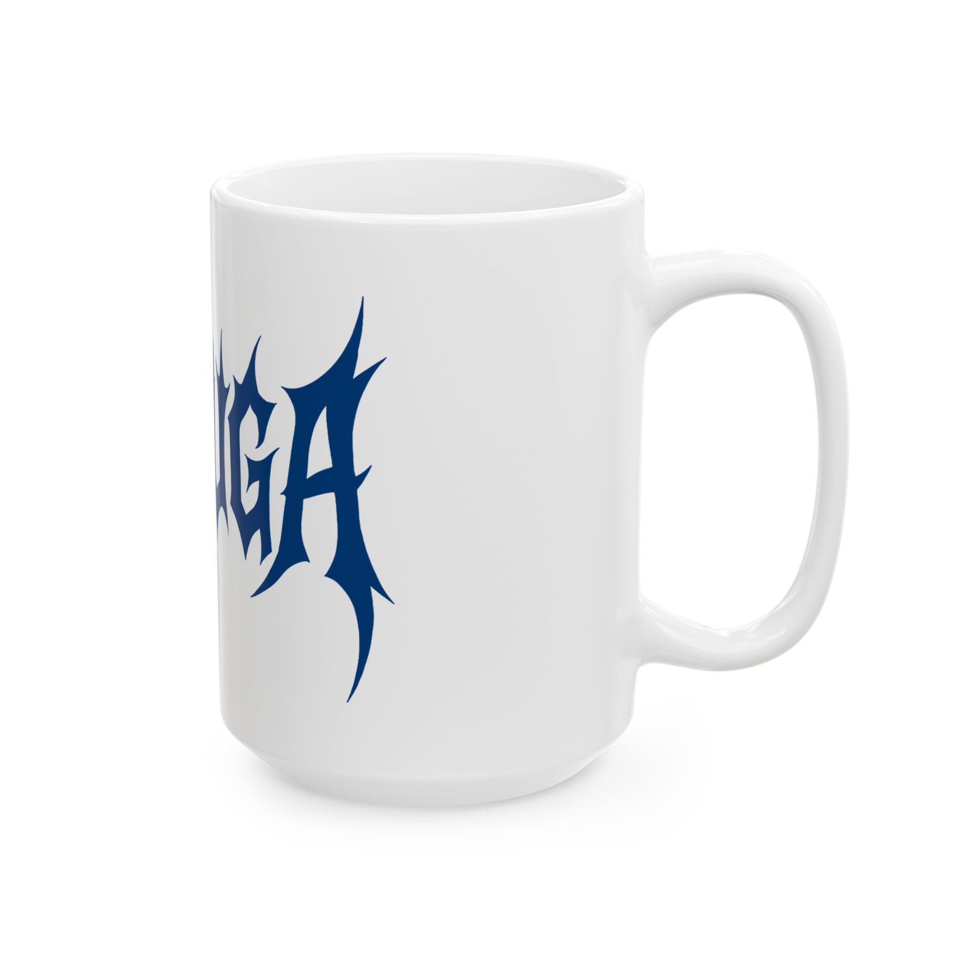 White mug with blue 'meshuga' lettering on a white background