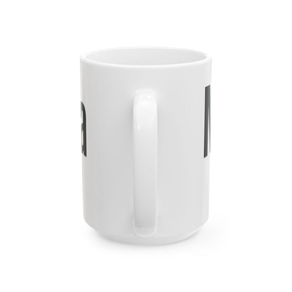 White mug with black design on a white background