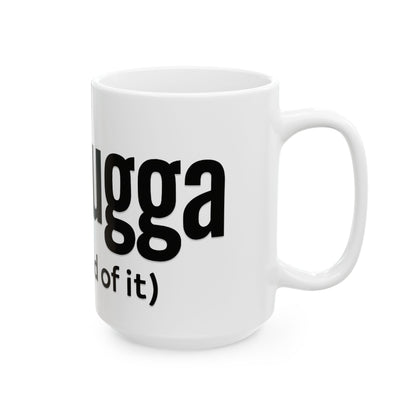 White mug with black text on a white background