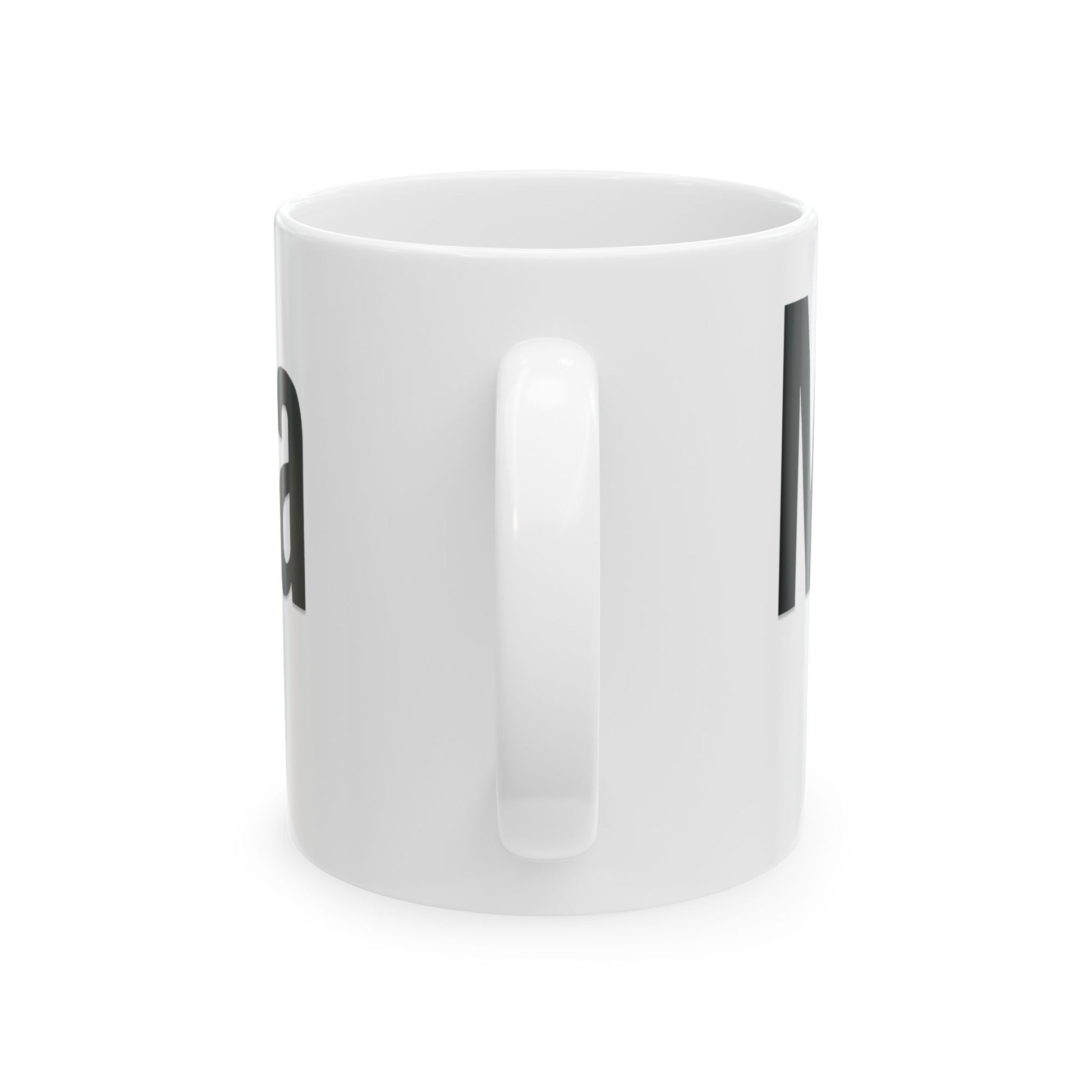 White mug with black text on a white background