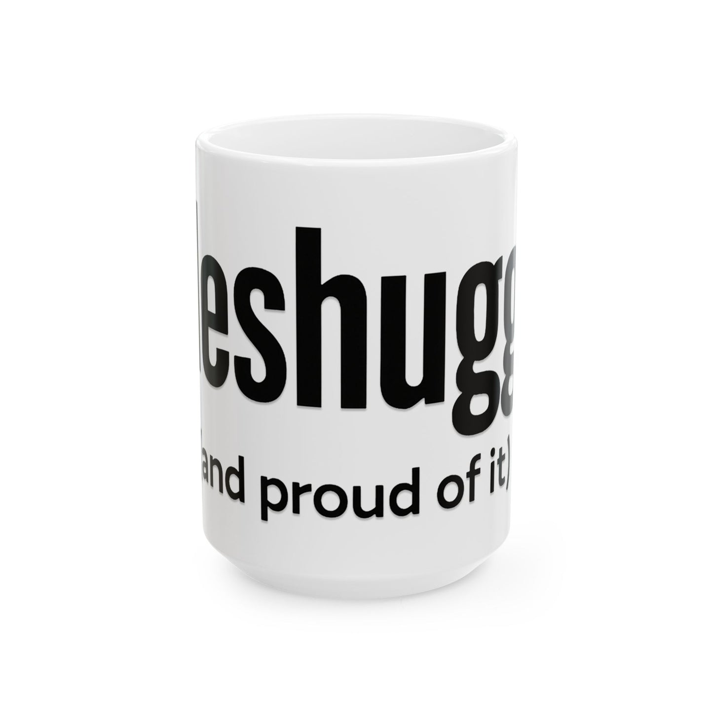 White mug with black text on a white background