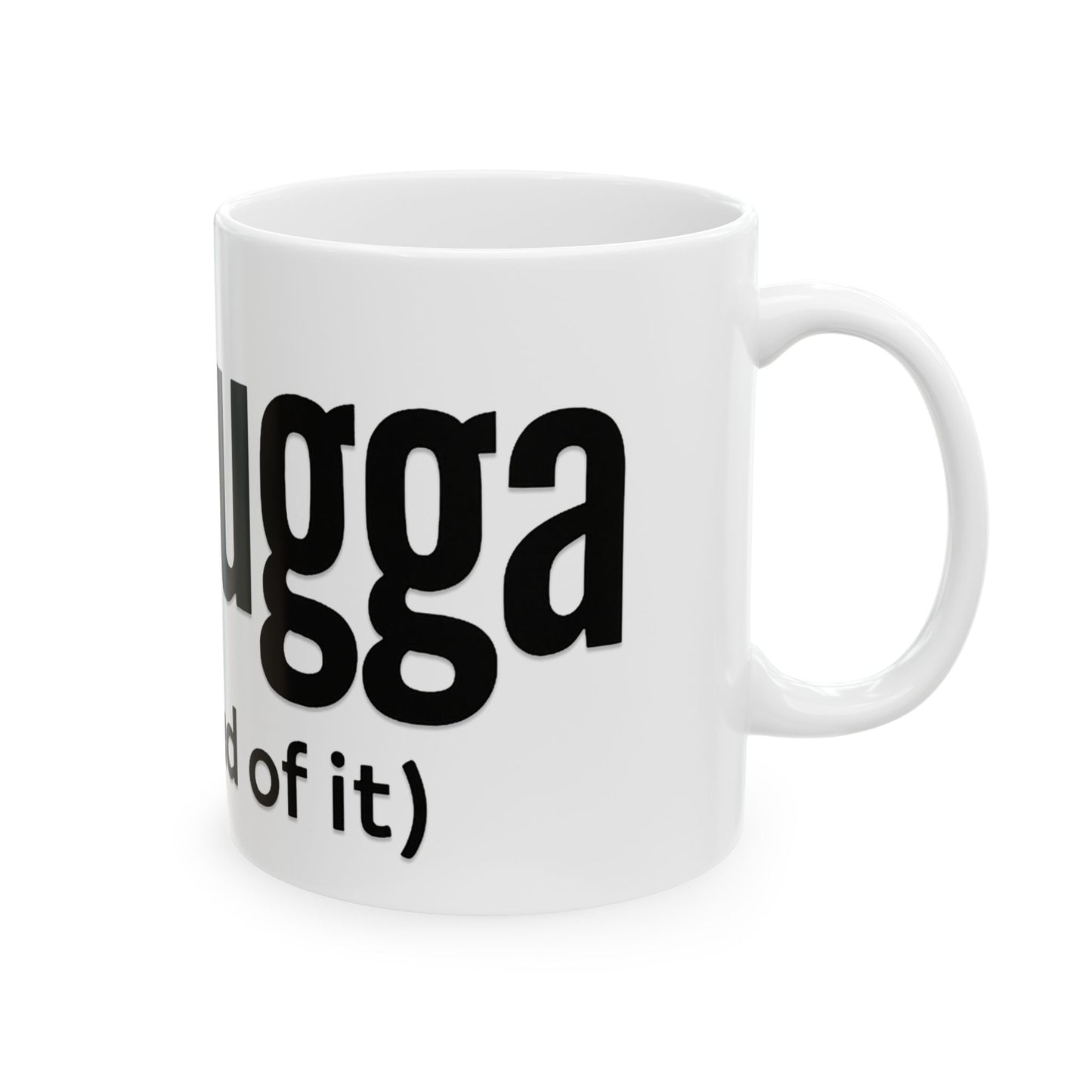 White mug with black text on a white background