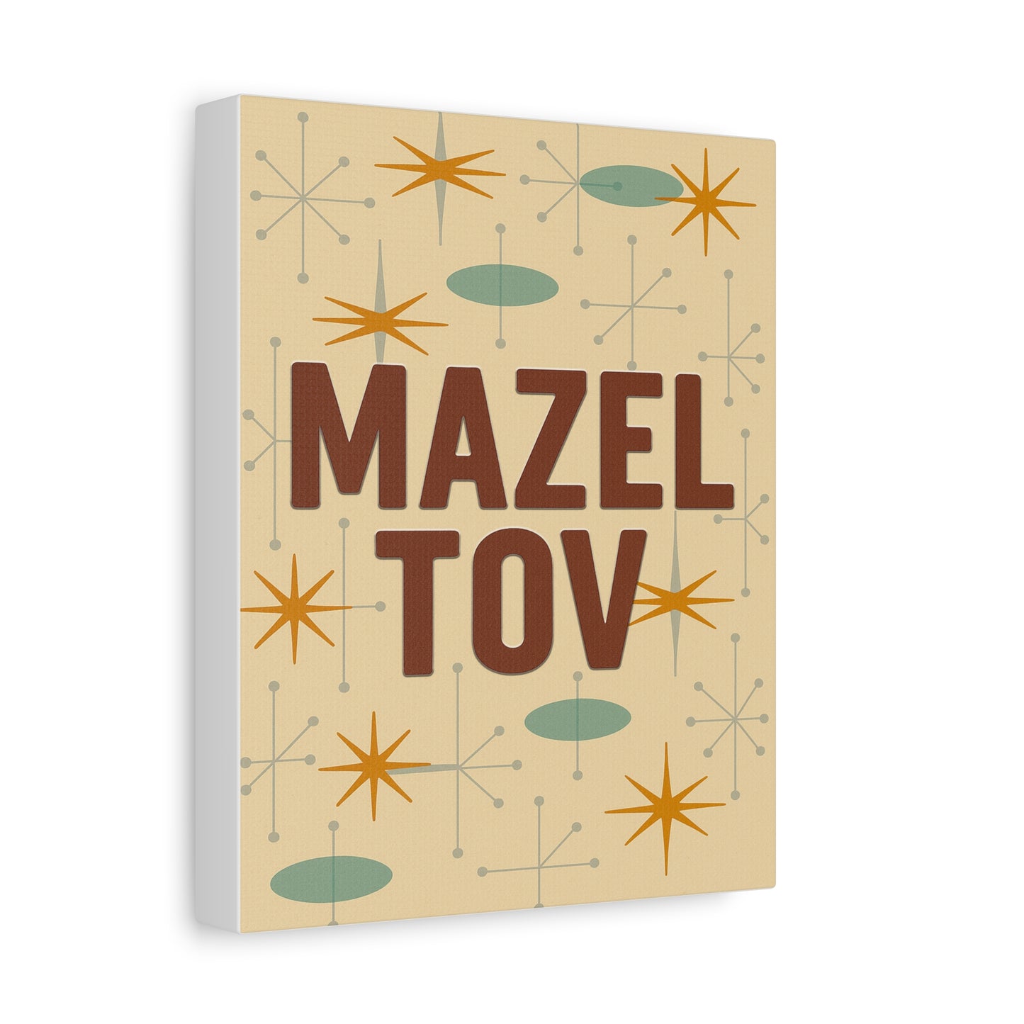 Canvas print with 'Mazel Tov' text and abstract patterns on a beige background