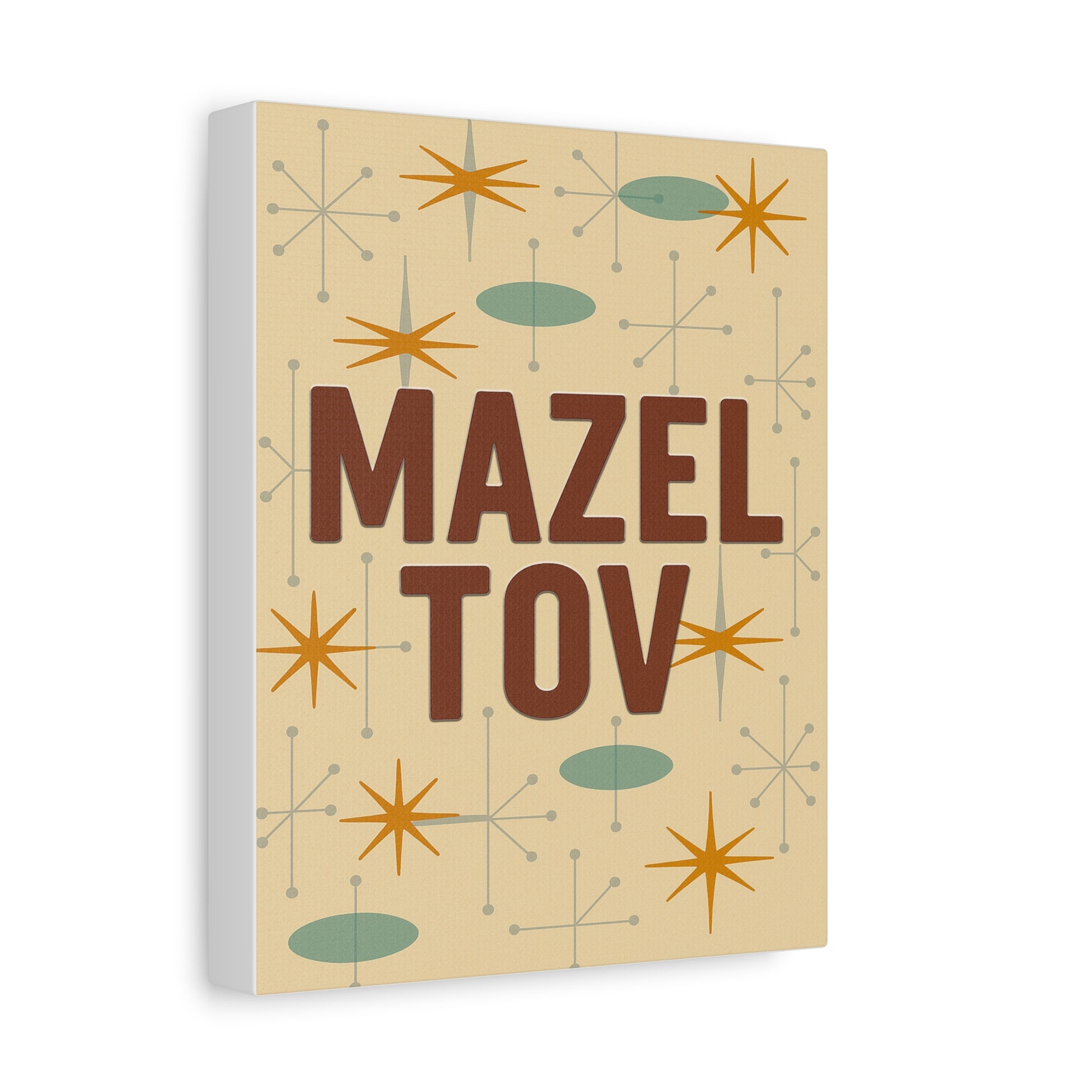 Canvas print with 'Mazel Tov' text and abstract patterns on a beige background