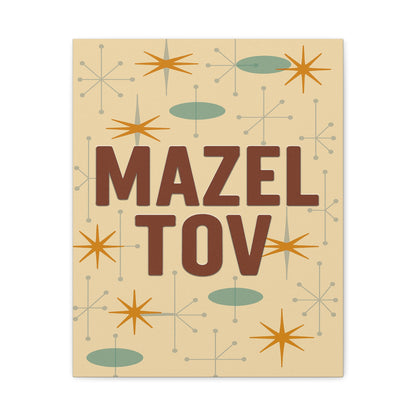canvas print with 'Mazel Tov' text and mid-century modern design elements on a beige background