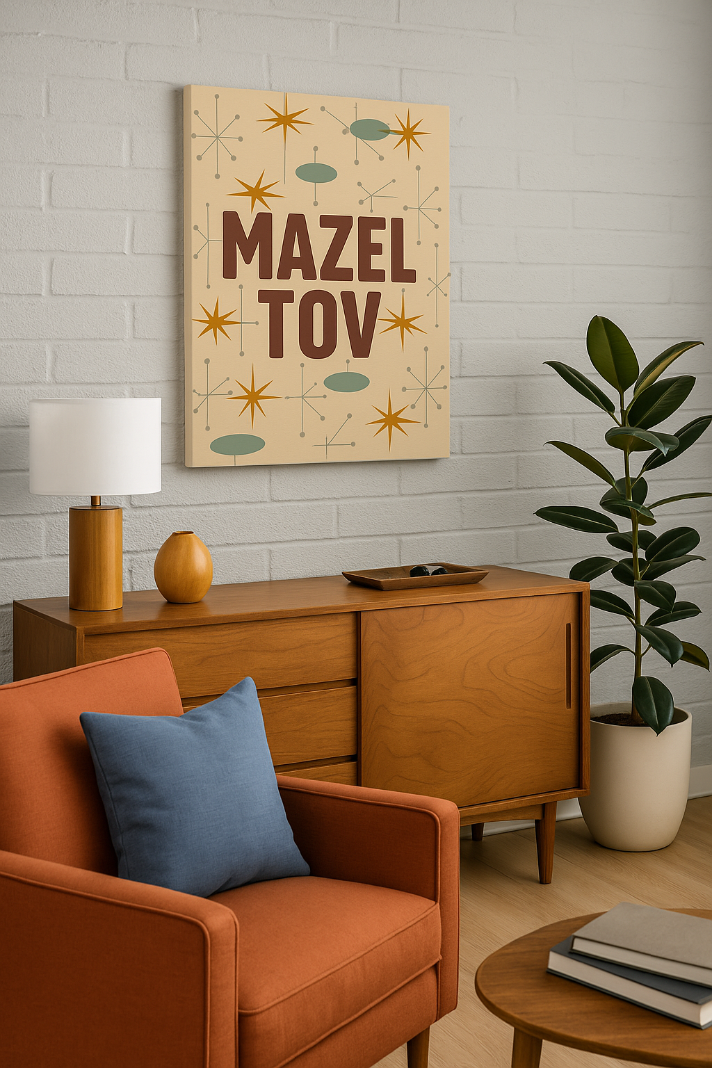 Living room with orange armchair, wooden sideboard, and 'Mazel Tov' wall art.