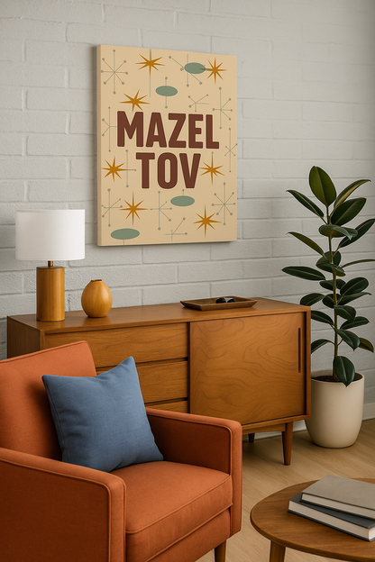 Living room with orange armchair, wooden sideboard, and 'Mazel Tov' wall art.