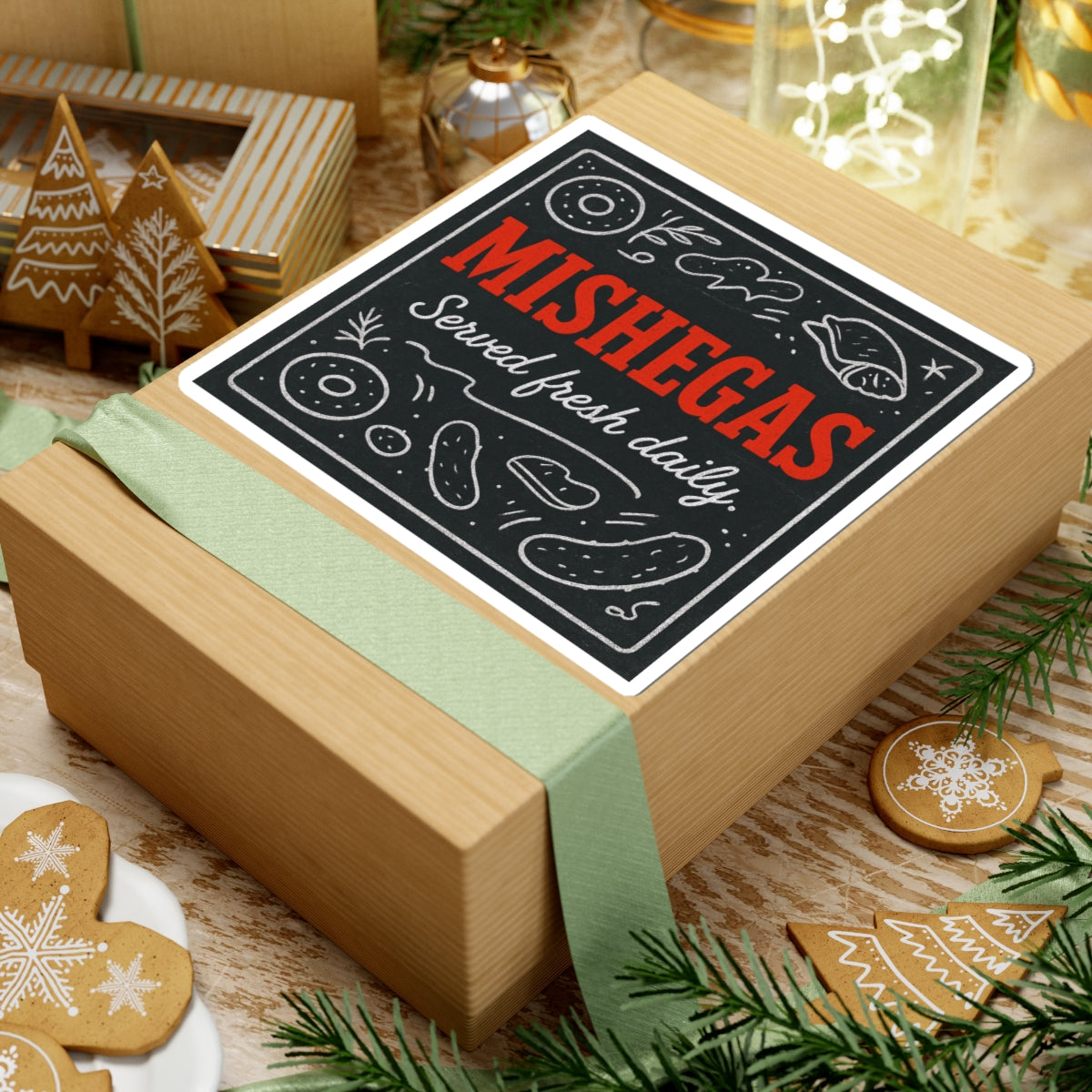 Wooden box with a decorative sign reading 'MISHEGAS Served fresh daily' on a festive background.