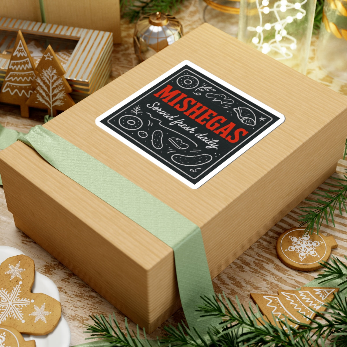 Wooden gift box with a 'MISHEGAS' label on a festive background with cookies and lights.
