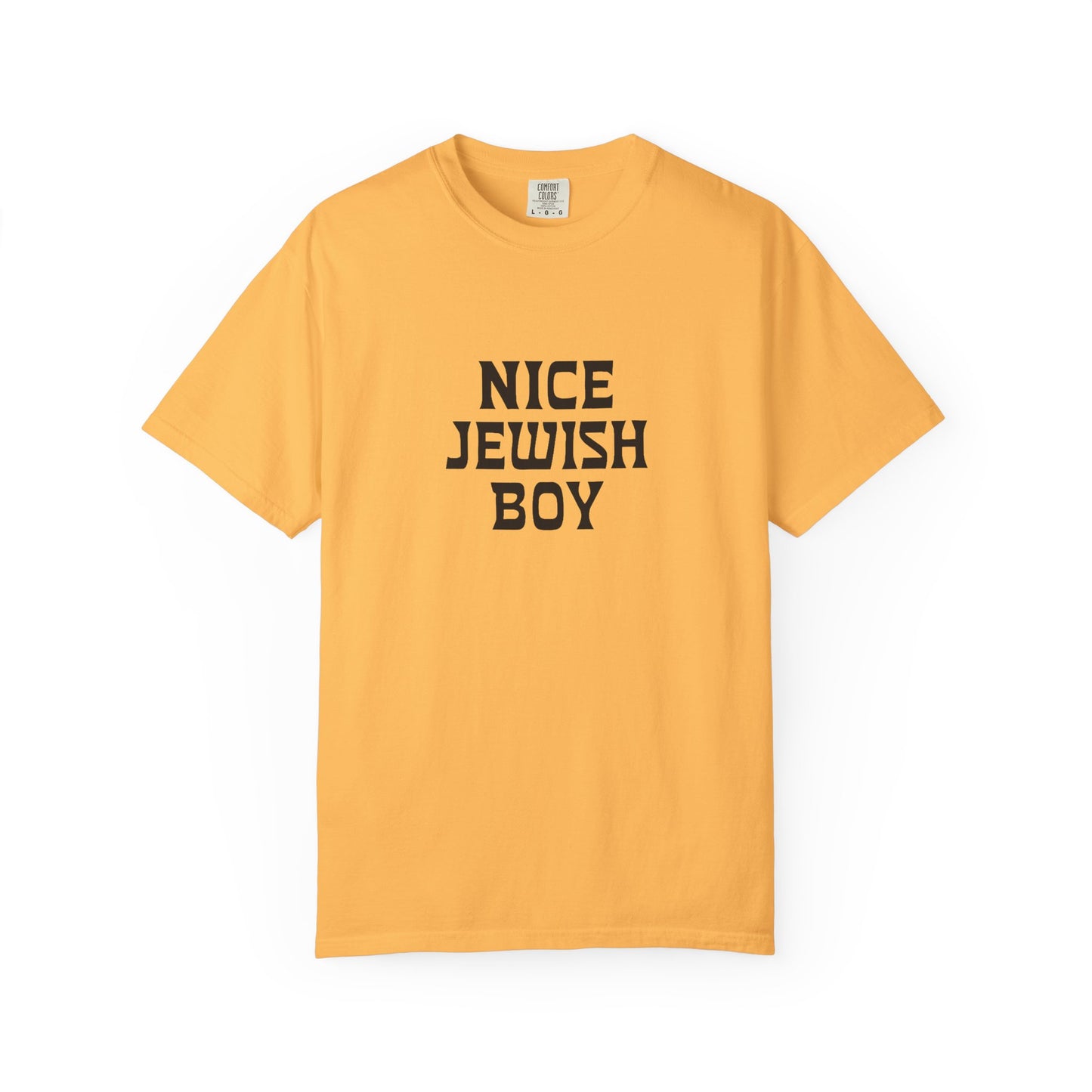 Yellow t-shirt with 'Nice Jewish Boy' text on a white background