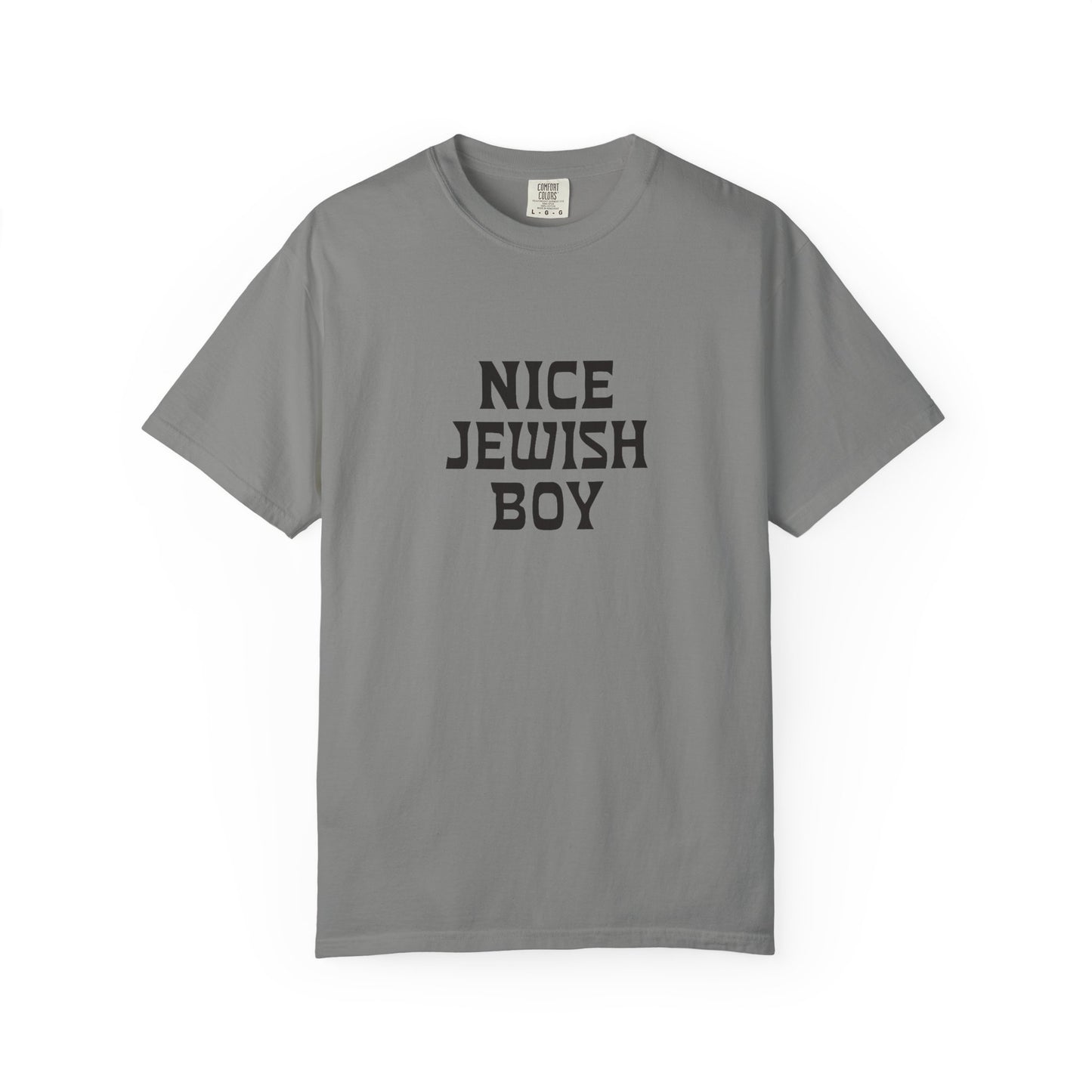 Gray t-shirt with 'Nice Jewish Boy' text on a white background