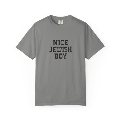 Gray t-shirt with 'Nice Jewish Boy' text on a white background