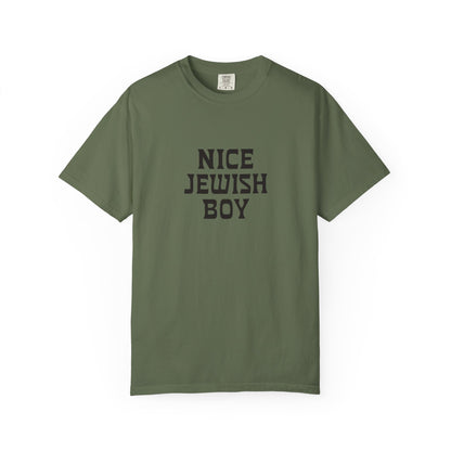 Green t-shirt with 'Nice Jewish Boy' text on a white background