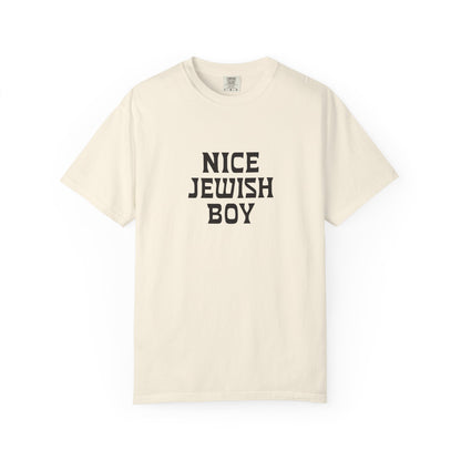 Beige t-shirt with 'Nice Jewish Boy' text on a white background