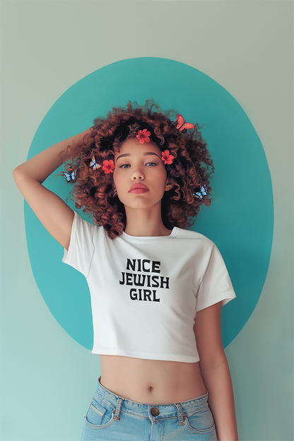 Woman wearing a white t-shirt with 'Nice Jewish Girl' text against a teal circle background