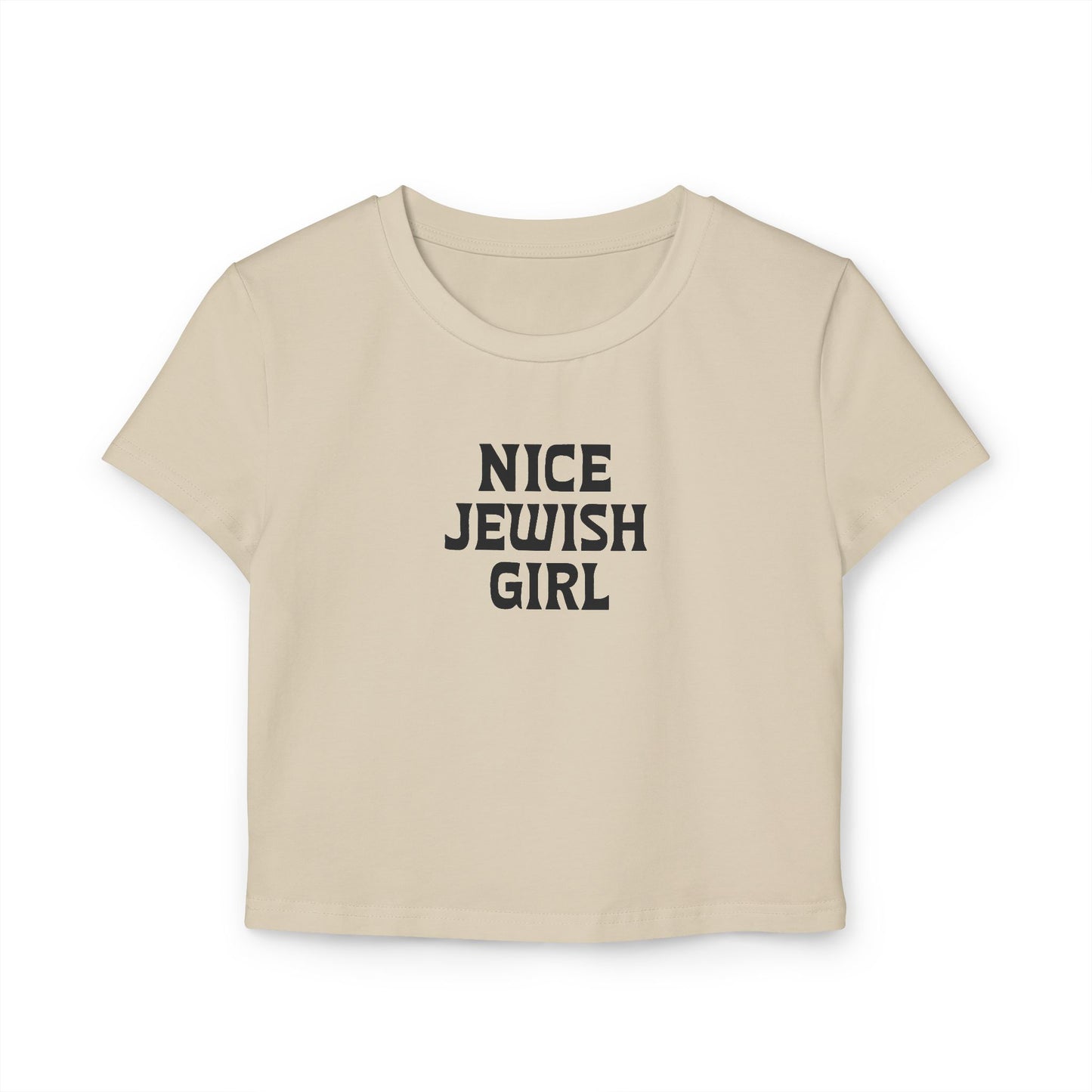 Beige t-shirt with 'Nice Jewish Girl' text on a white background