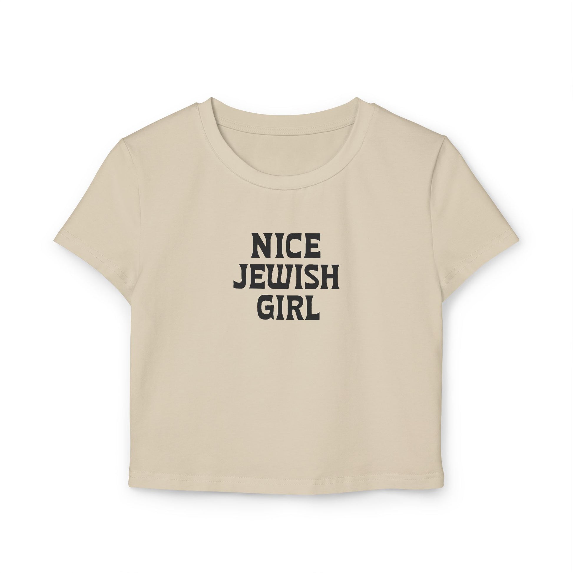 Beige t-shirt with 'Nice Jewish Girl' text on a white background