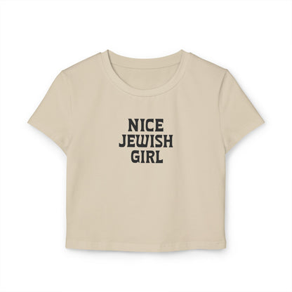 Beige t-shirt with 'Nice Jewish Girl' text on a white background