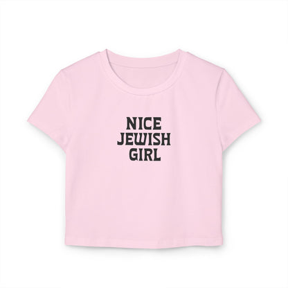 Pink t-shirt with 'Nice Jewish Girl' text on a white background