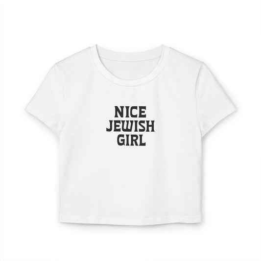 White t-shirt with 'Nice Jewish Girl' text on a white background