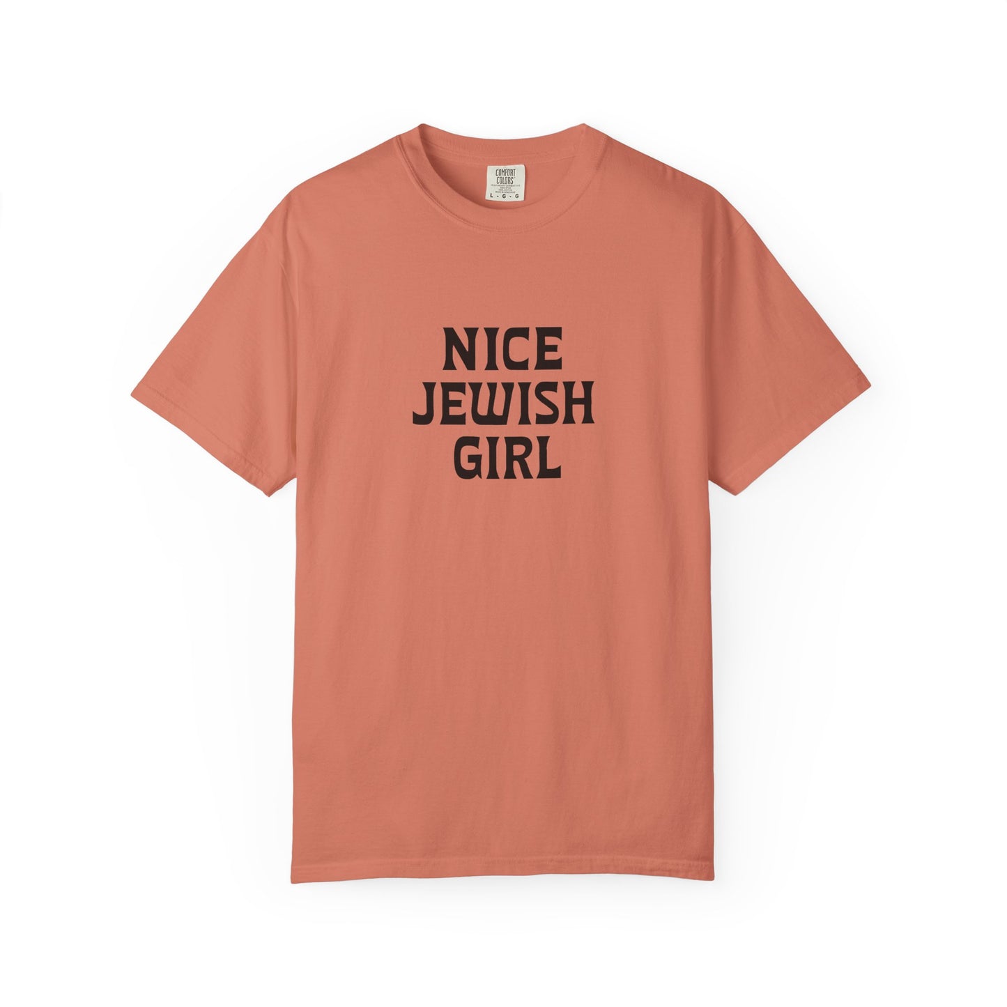 Coral t-shirt with 'Nice Jewish Girl' text on a white background