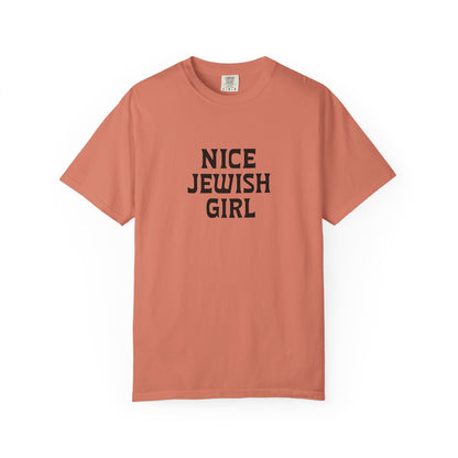 Coral t-shirt with 'Nice Jewish Girl' text on a white background