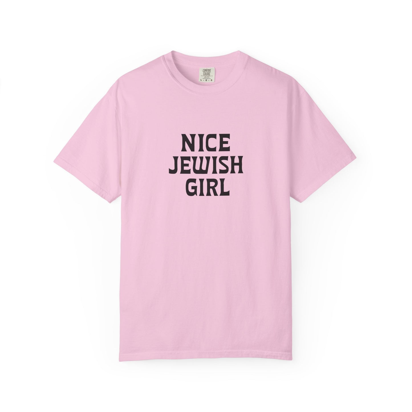 Pink t-shirt with 'Nice Jewish Girl' text on a white background