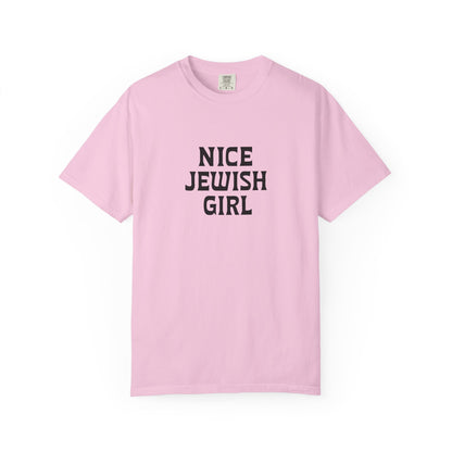 Pink t-shirt with 'Nice Jewish Girl' text on a white background