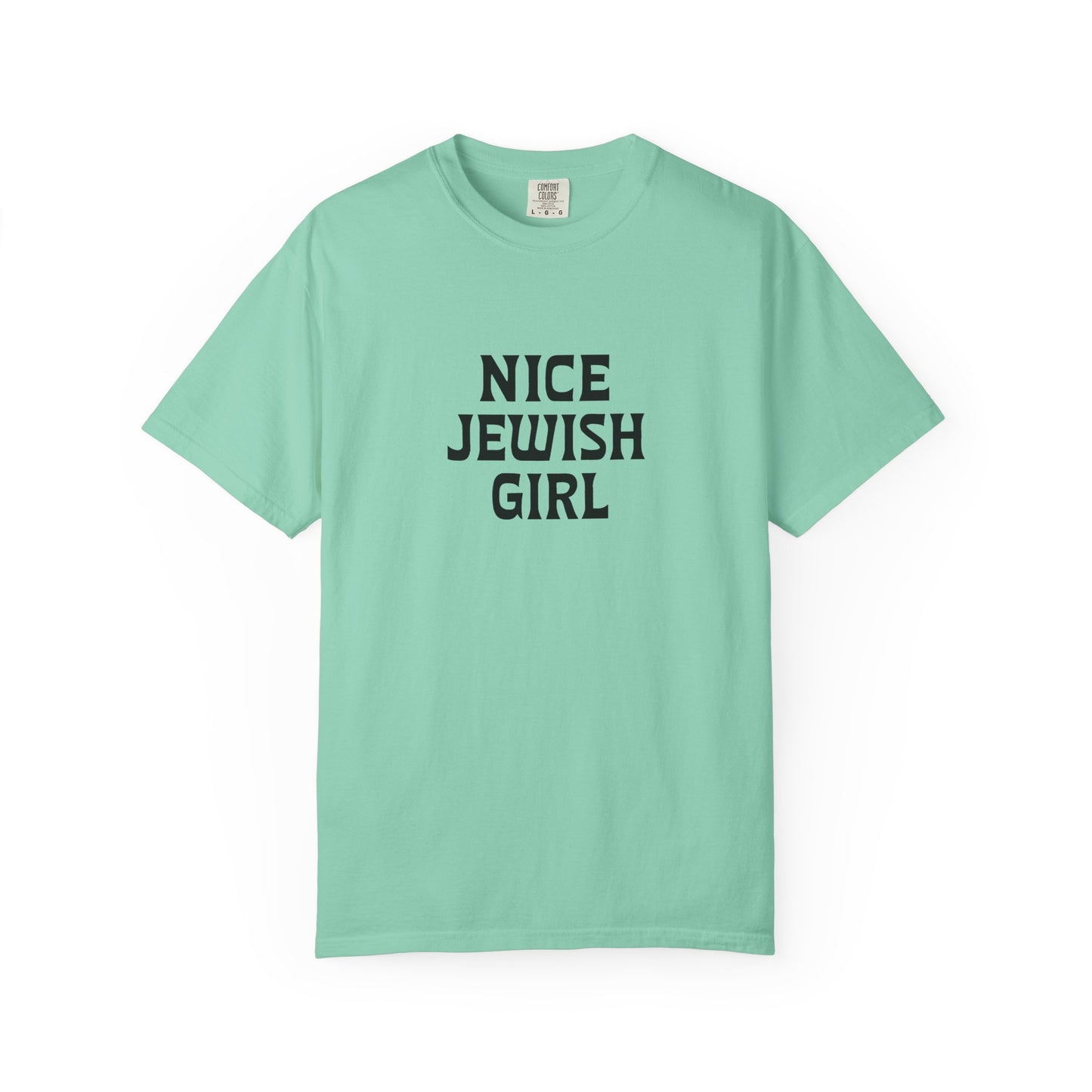 Mint green t-shirt with 'Nice Jewish Girl' text on a white background