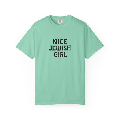 Mint green t-shirt with 'Nice Jewish Girl' text on a white background