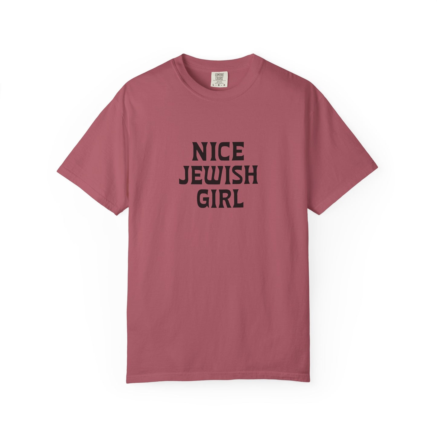 Pink t-shirt with 'Nice Jewish Girl' text on a white background