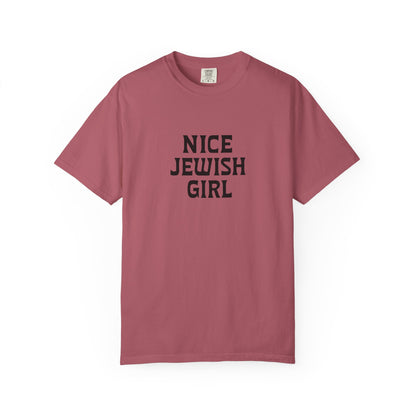 Pink t-shirt with 'Nice Jewish Girl' text on a white background