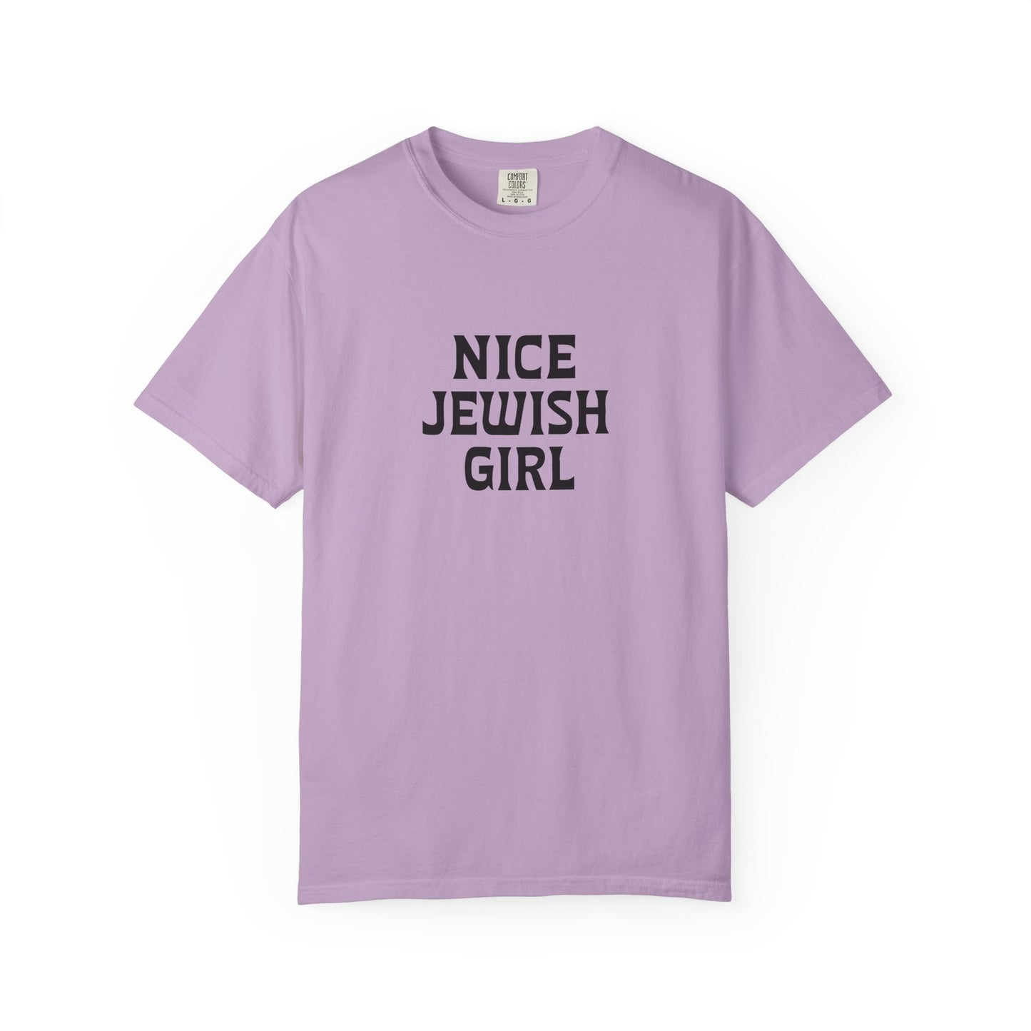 Purple t-shirt with 'Nice Jewish Girl' text on a white background
