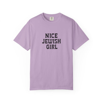 Purple t-shirt with 'Nice Jewish Girl' text on a white background