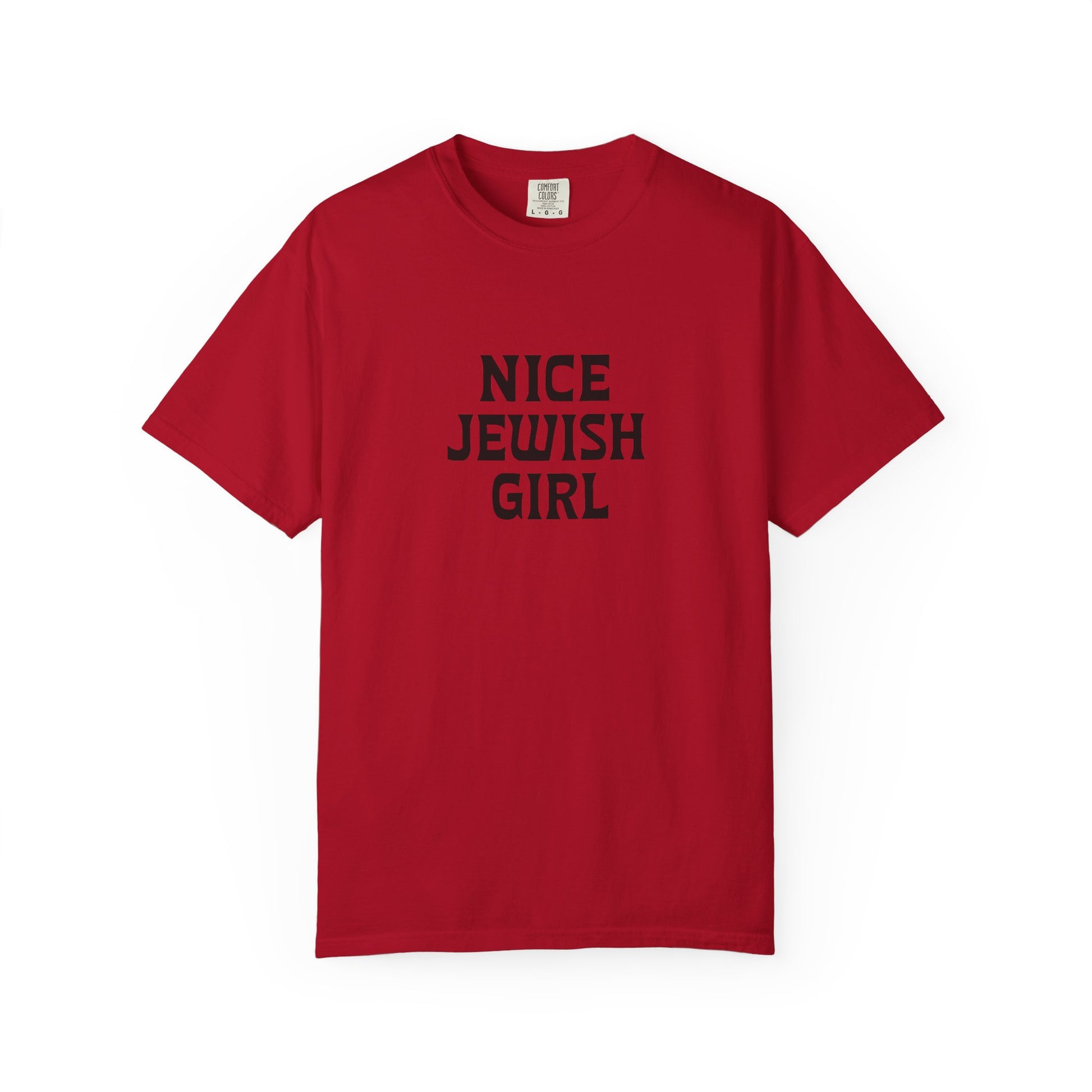 Red t-shirt with 'Nice Jewish Girl' text on a white background