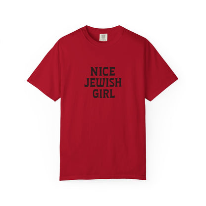 Red t-shirt with 'Nice Jewish Girl' text on a white background