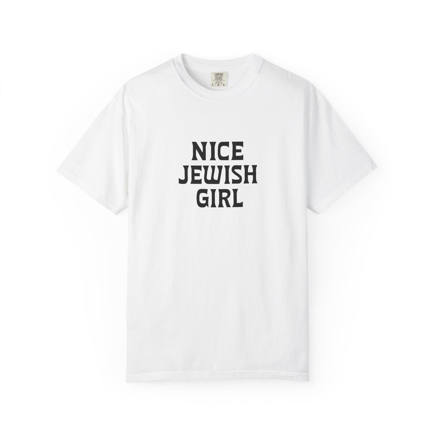 White t-shirt with 'Nice Jewish Girl' text on a white background