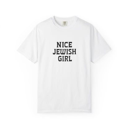 White t-shirt with 'Nice Jewish Girl' text on a white background