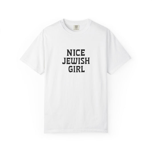 White t-shirt with 'Nice Jewish Girl' text on a white background