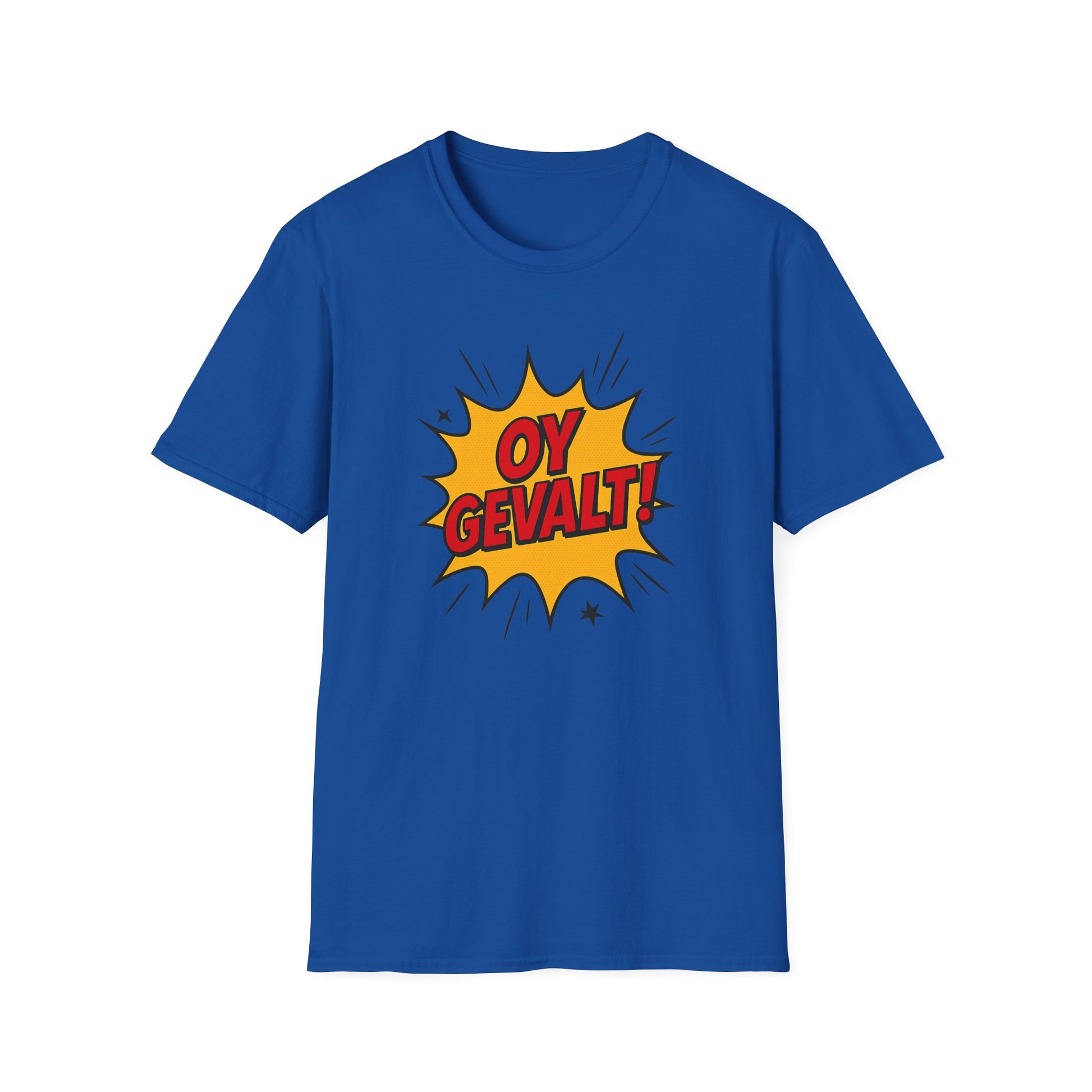 Blue t-shirt with a yellow comic-style pop art design featuring the text 'OY GEVALT!' on a white background.