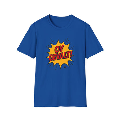 Blue t-shirt with a yellow comic-style pop art design featuring the text 'OY GEVALT!' on a white background.