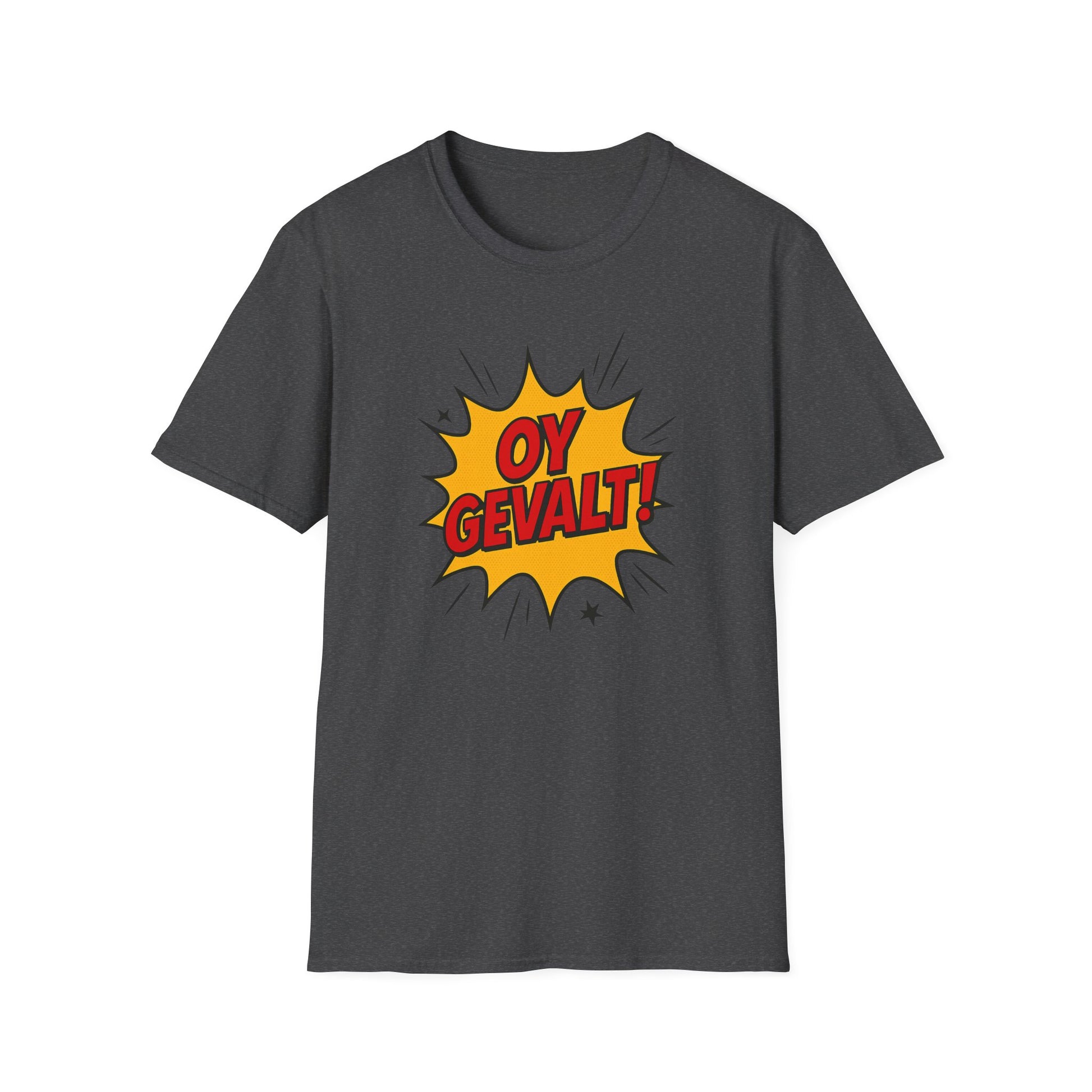 Dark gray t-shirt with 'OY GEVALT!' graphic on a white background