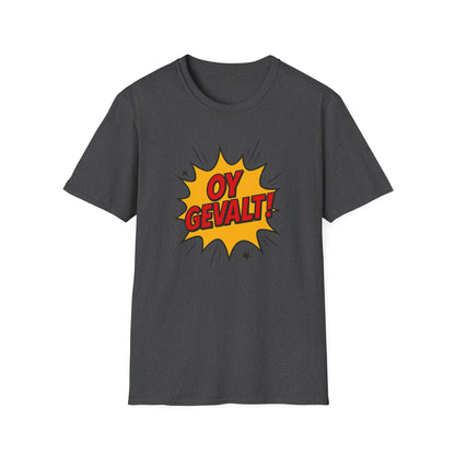 Dark gray t-shirt with 'OY GEVALT!' graphic on a white background